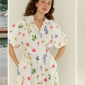 Elegant Floral Maxi Dress in White with Pink and Blue